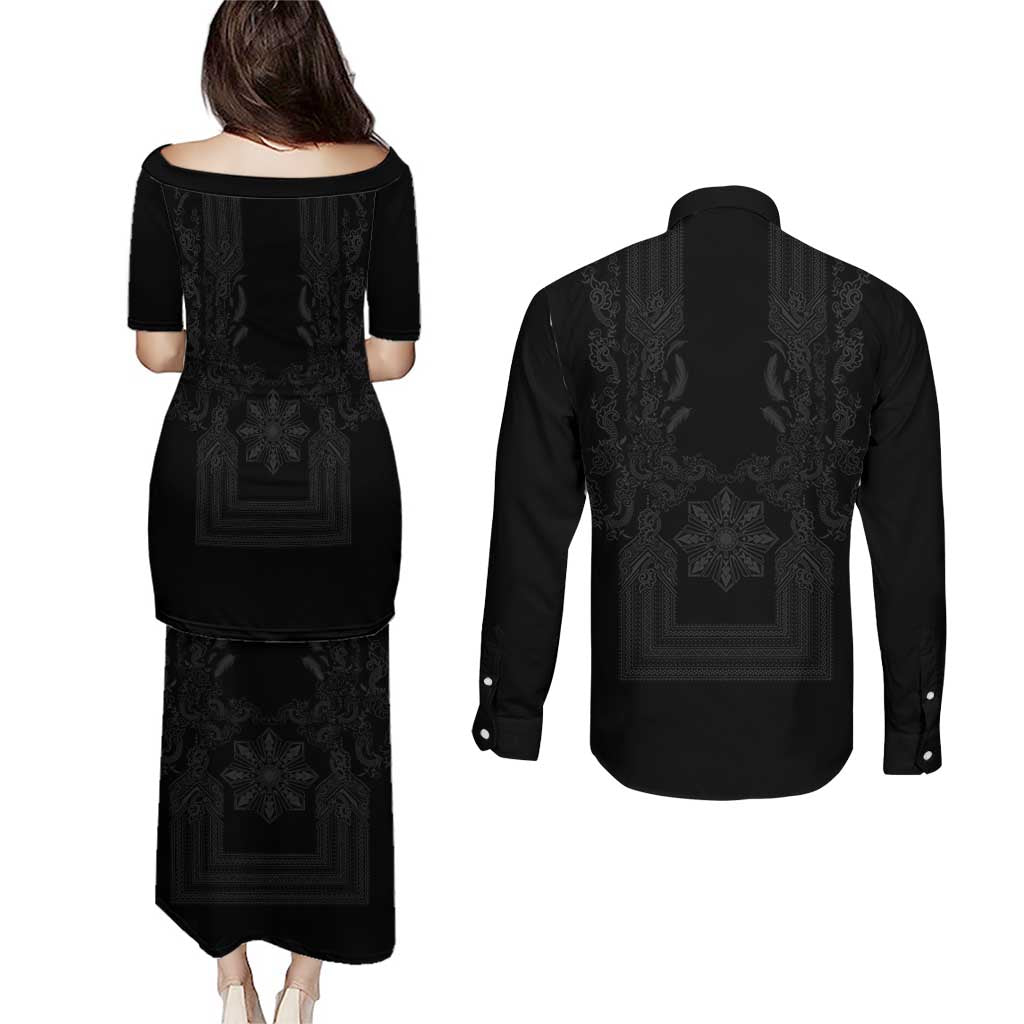 Philippines Barong Style Couples Matching Puletasi and Long Sleeve Button Shirt with Polynesian Art and Leaf Motif Black Color LT03 - Polynesian Pride