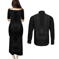 Philippines Barong Style Couples Matching Puletasi and Long Sleeve Button Shirt with Polynesian Art and Leaf Motif Black Color LT03 - Polynesian Pride