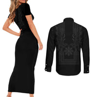 Philippines Barong Style Couples Matching Short Sleeve Bodycon Dress and Long Sleeve Button Shirt with Polynesian Art and Leaf Motif Black Color