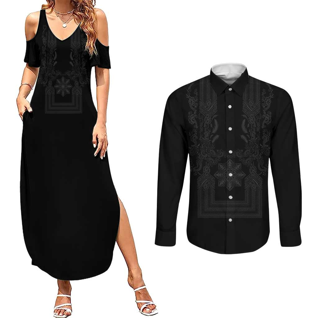 Philippines Barong Style Couples Matching Summer Maxi Dress and Long Sleeve Button Shirt with Polynesian Art and Leaf Motif Black Color LT03 Black - Polynesian Pride