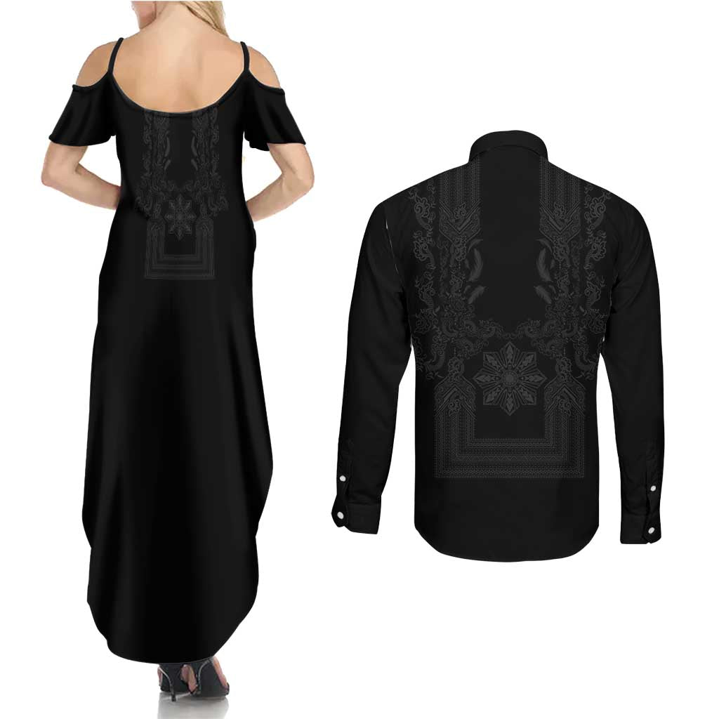 Philippines Barong Style Couples Matching Summer Maxi Dress and Long Sleeve Button Shirt with Polynesian Art and Leaf Motif Black Color LT03 - Polynesian Pride