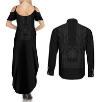 Philippines Barong Style Couples Matching Summer Maxi Dress and Long Sleeve Button Shirt with Polynesian Art and Leaf Motif Black Color LT03 - Polynesian Pride