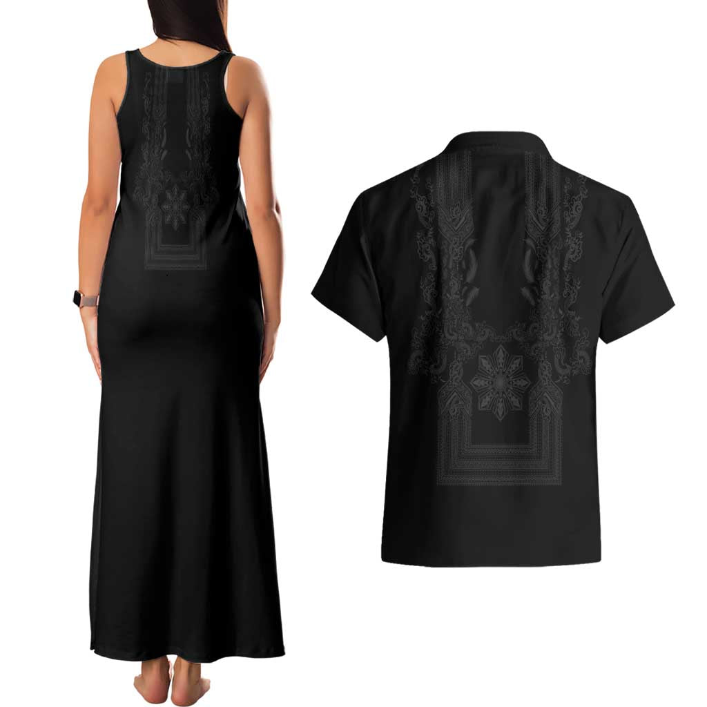 Philippines Barong Style Couples Matching Tank Maxi Dress and Hawaiian Shirt with Polynesian Art and Leaf Motif Black Color