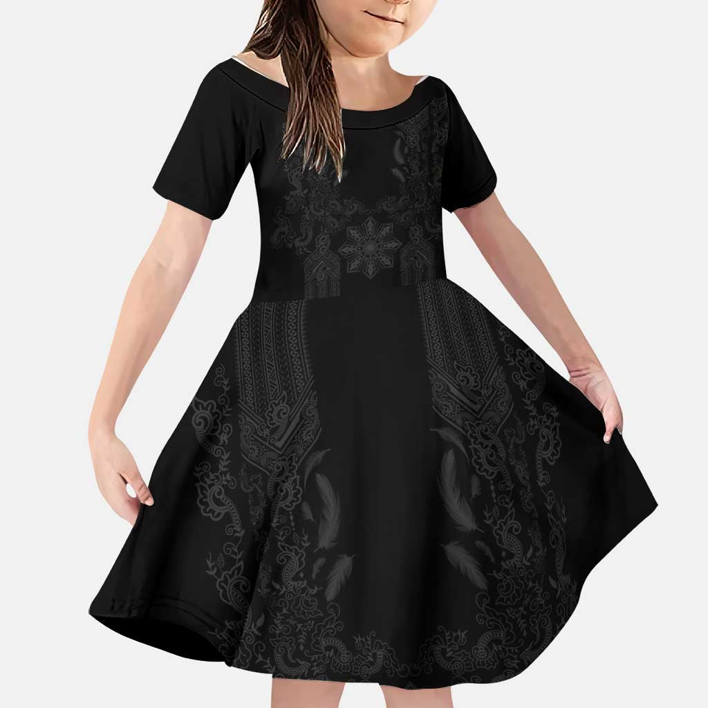 Philippines Barong Style Family Matching Mermaid Dress and Hawaiian Shirt with Polynesian Art and Leaf Motif Black Color