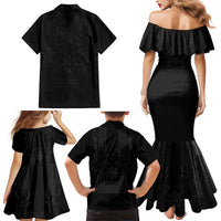 Philippines Barong Style Family Matching Mermaid Dress and Hawaiian Shirt with Polynesian Art and Leaf Motif Black Color