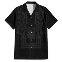 Philippines Barong Style Family Matching Mermaid Dress and Hawaiian Shirt with Polynesian Art and Leaf Motif Black Color
