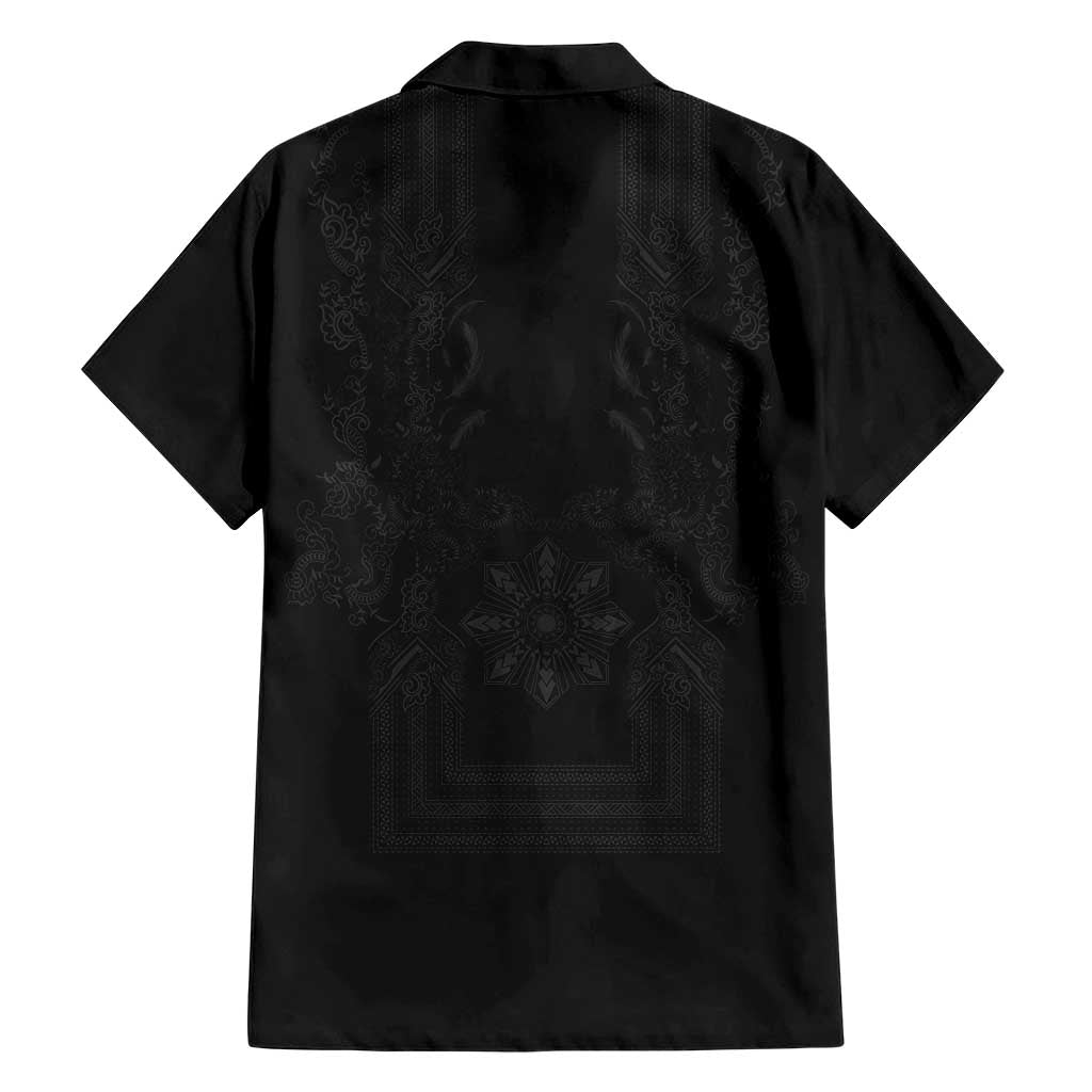 Philippines Barong Style Family Matching Mermaid Dress and Hawaiian Shirt with Polynesian Art and Leaf Motif Black Color