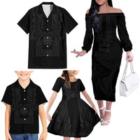 Philippines Barong Style Family Matching Off The Shoulder Long Sleeve Dress and Hawaiian Shirt with Polynesian Art and Leaf Motif Black Color
