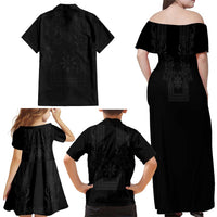 Philippines Barong Style Family Matching Off Shoulder Maxi Dress and Hawaiian Shirt with Polynesian Art and Leaf Motif Black Color