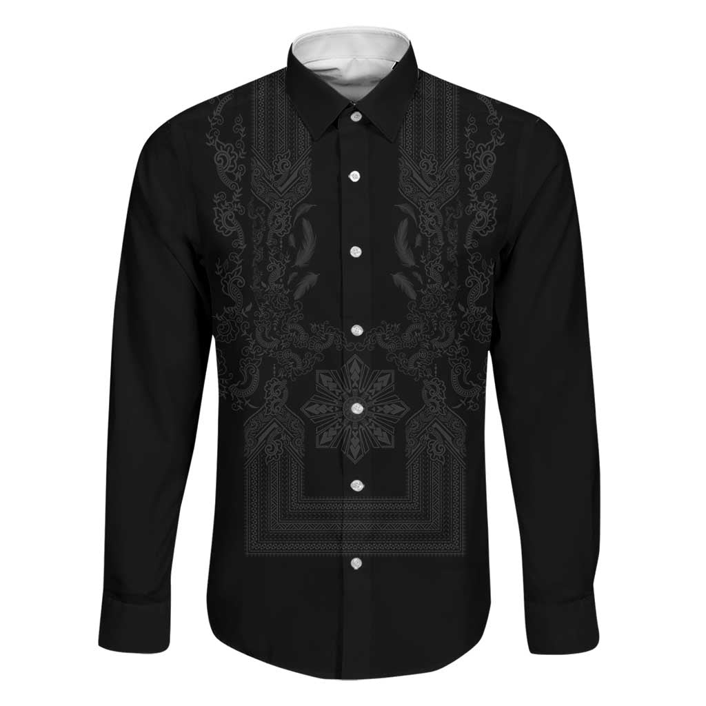 Philippines Barong Style Family Matching Off Shoulder Maxi Dress and Hawaiian Shirt with Polynesian Art and Leaf Motif Black Color
