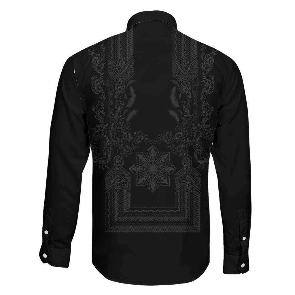 Philippines Barong Style Family Matching Off Shoulder Maxi Dress and Hawaiian Shirt with Polynesian Art and Leaf Motif Black Color