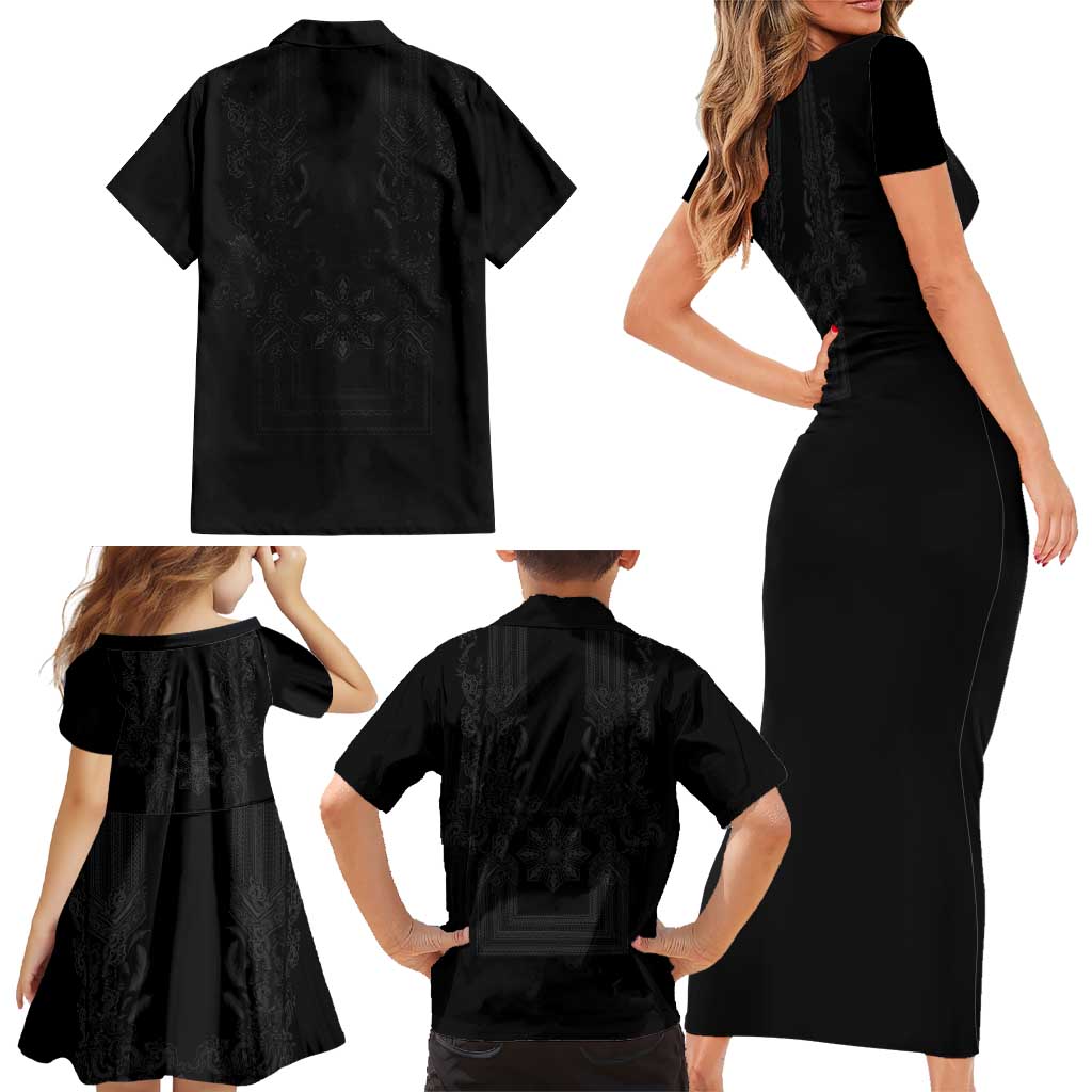 Philippines Barong Style Family Matching Short Sleeve Bodycon Dress and Hawaiian Shirt with Polynesian Art and Leaf Motif Black Color