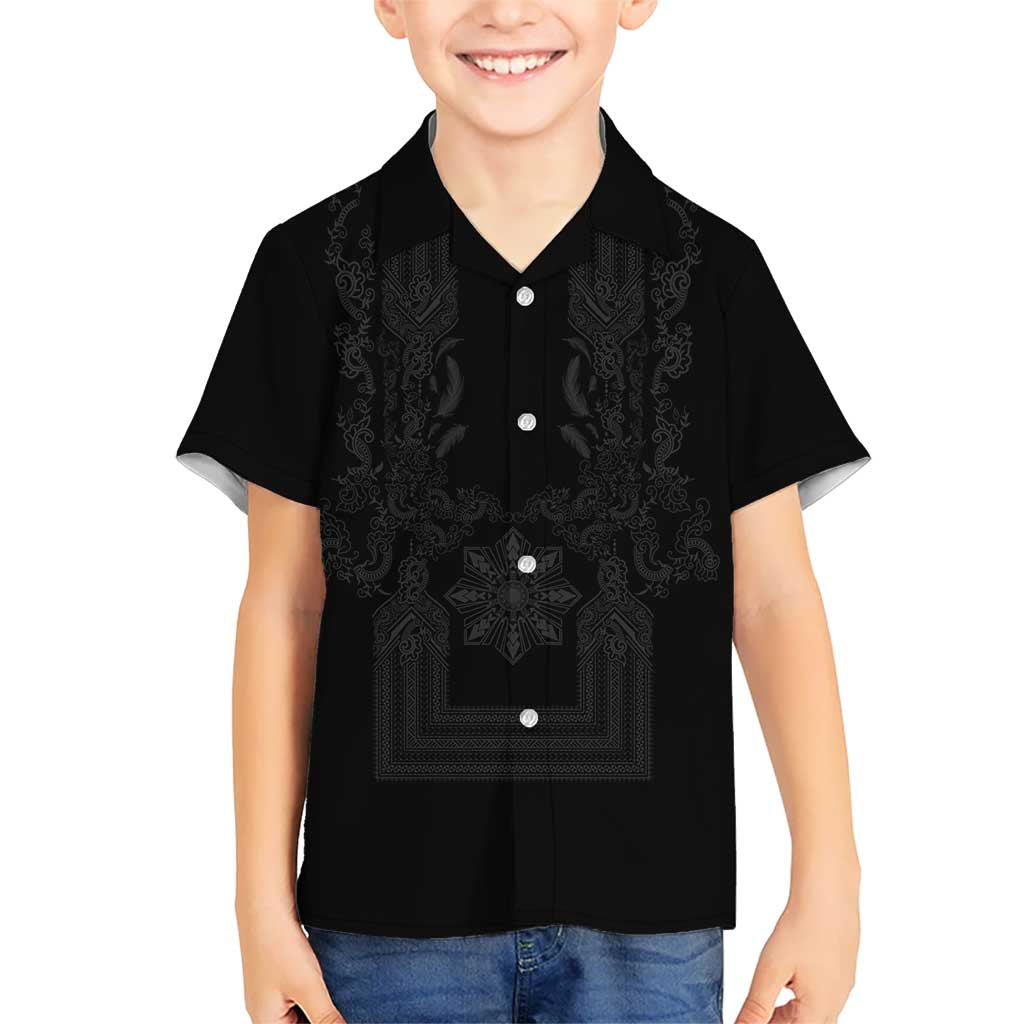 Philippines Barong Style Family Matching Short Sleeve Bodycon Dress and Hawaiian Shirt with Polynesian Art and Leaf Motif Black Color