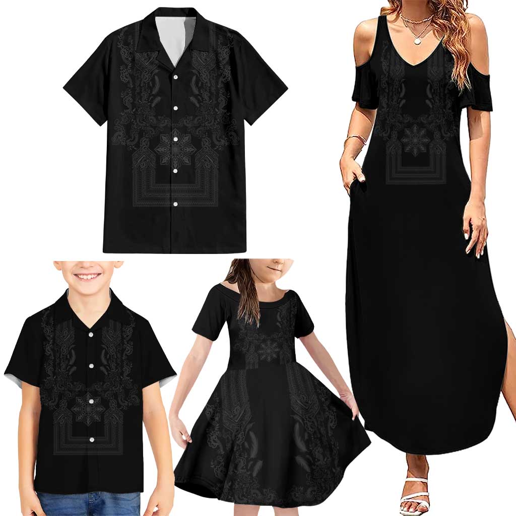 Philippines Barong Style Family Matching Summer Maxi Dress and Hawaiian Shirt with Polynesian Art and Leaf Motif Black Color
