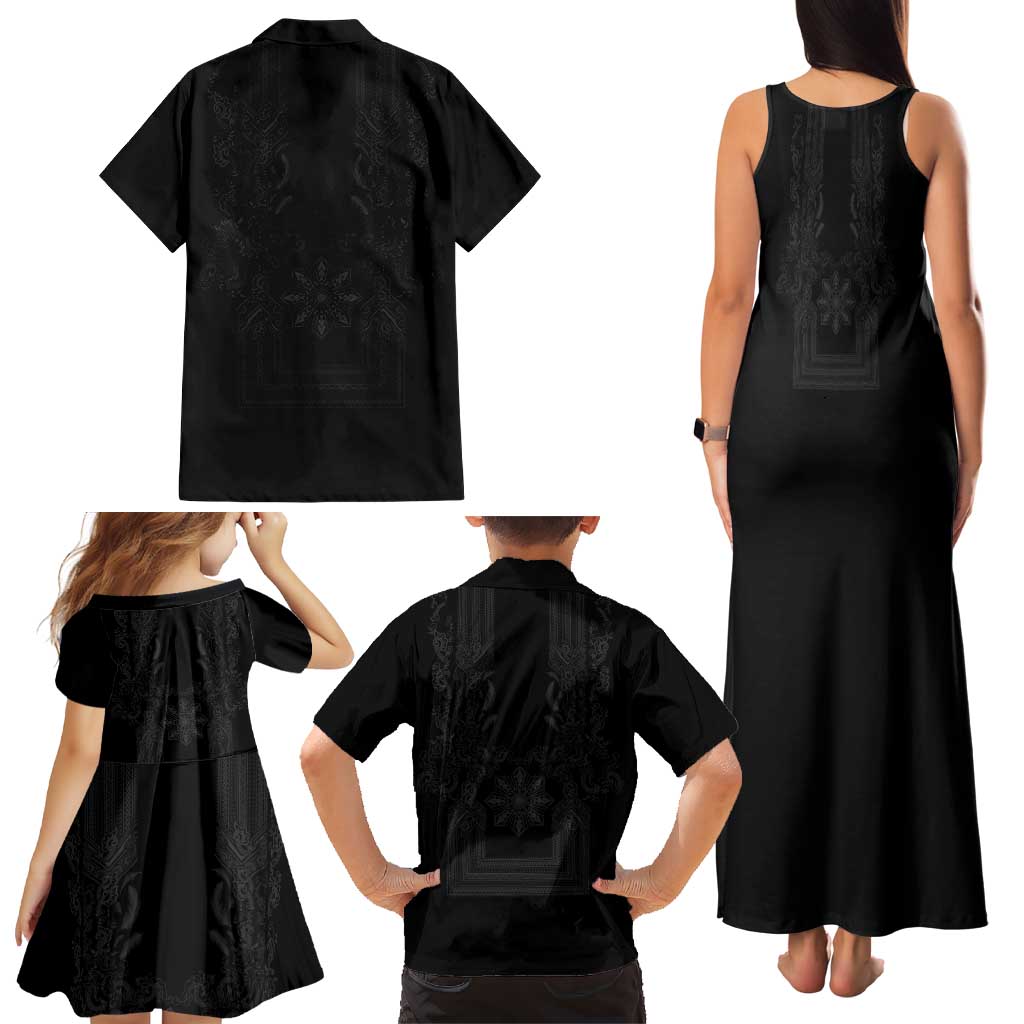 Philippines Barong Style Family Matching Tank Maxi Dress and Hawaiian Shirt with Polynesian Art and Leaf Motif Black Color