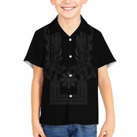 Philippines Barong Style Family Matching Tank Maxi Dress and Hawaiian Shirt with Polynesian Art and Leaf Motif Black Color