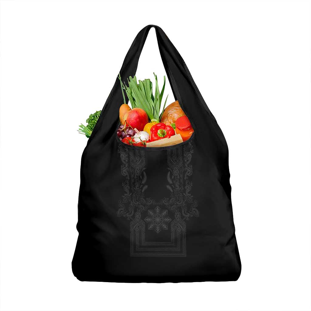 Philippines Barong Style Grocery Bag with Polynesian Art and Leaf Motif Black Color