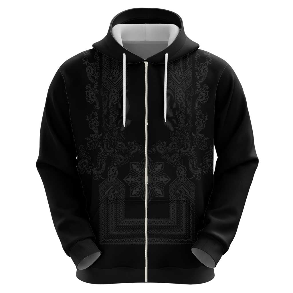 Philippines Barong Style Hoodie with Polynesian Art and Leaf Motif Black Color