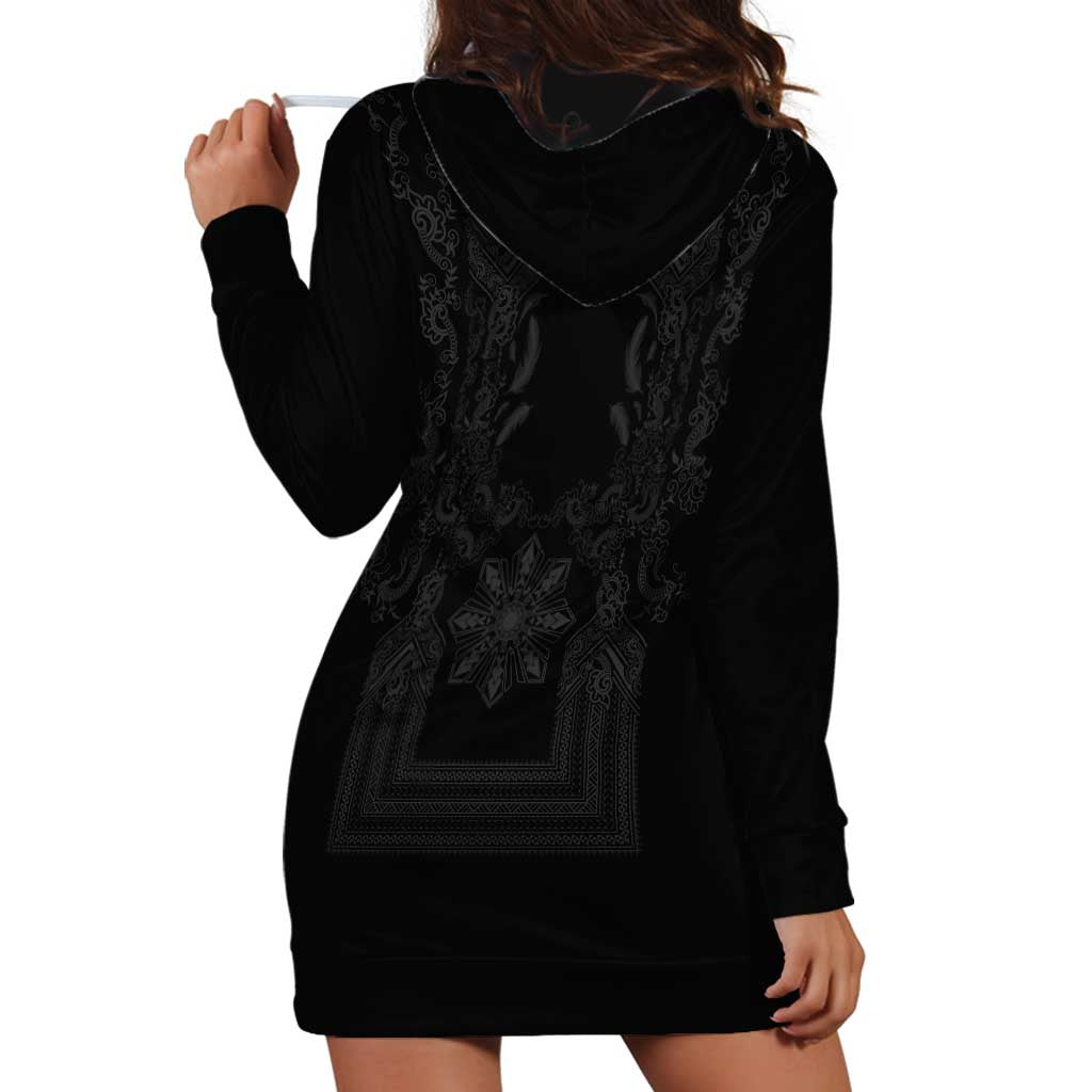 Philippines Barong Style Hoodie Dress with Polynesian Art and Leaf Motif Black Color
