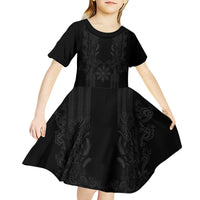 Philippines Barong Style Kid Short Sleeve Dress with Polynesian Art and Leaf Motif Black Color