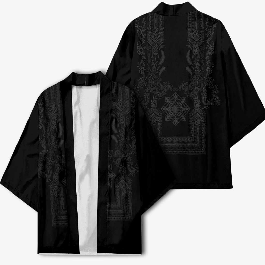 Philippines Barong Style Kimono with Polynesian Art and Leaf Motif Black Color LT03 - Polynesian Pride