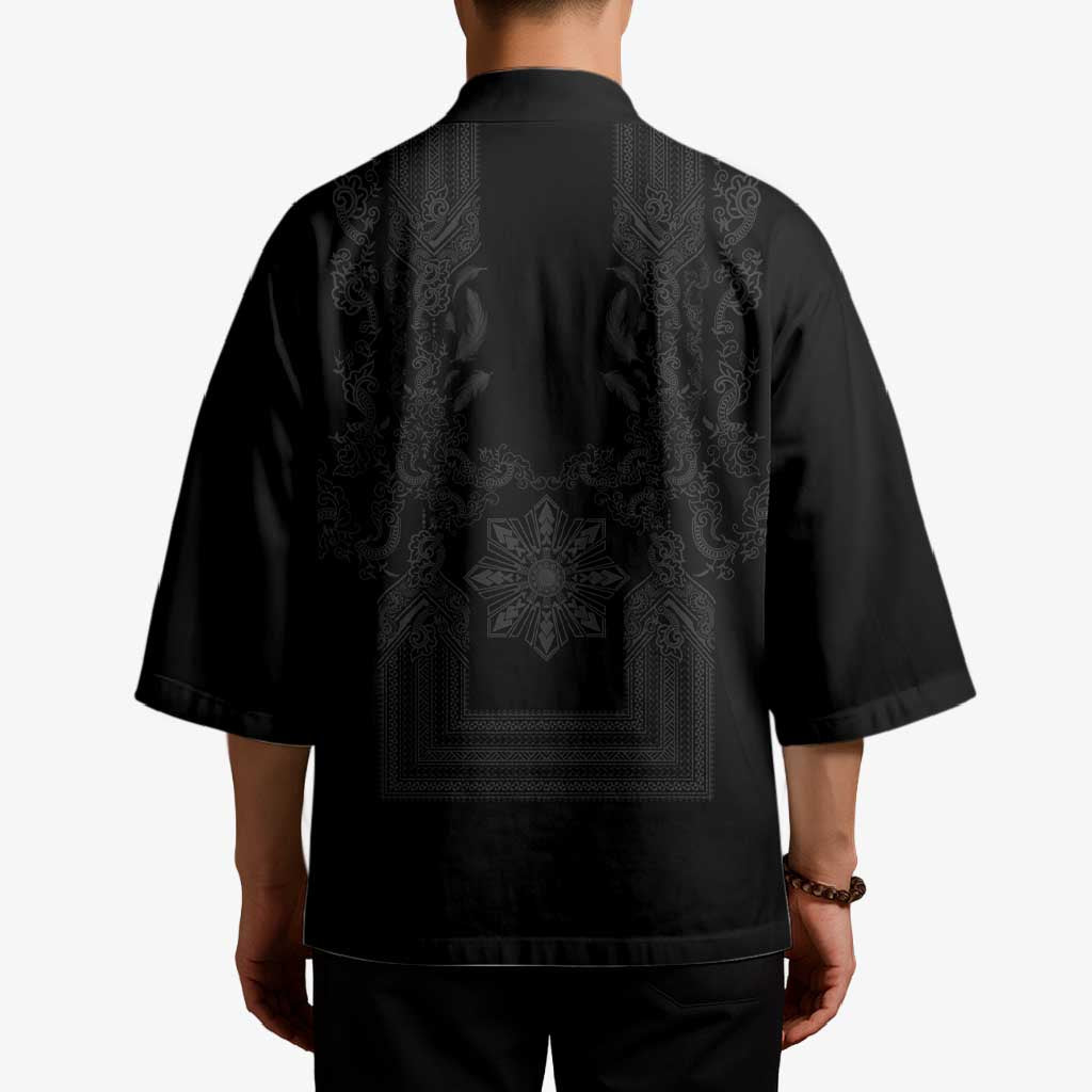 Philippines Barong Style Kimono with Polynesian Art and Leaf Motif Black Color LT03 - Polynesian Pride
