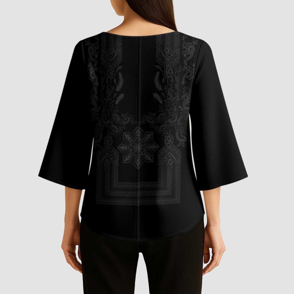Philippines Barong Style Kimono Sleeve Blouse with Polynesian Art and Leaf Motif Black Color