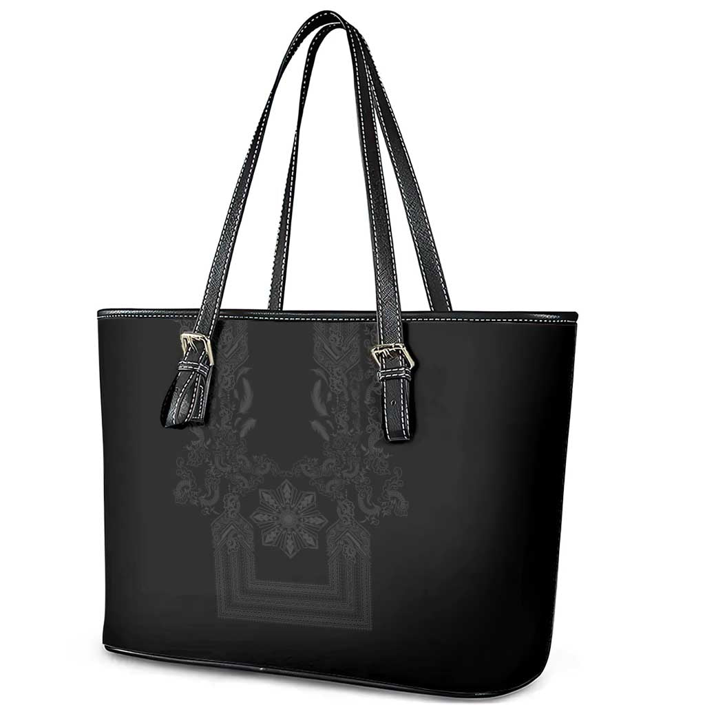 Philippines Barong Style Leather Tote Bag with Polynesian Art and Leaf Motif Black Color