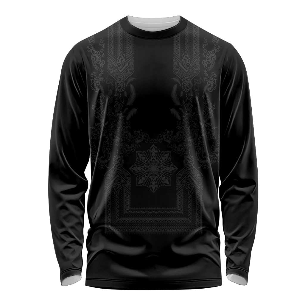 Philippines Barong Style Long Sleeve Shirt with Polynesian Art and Leaf Motif Black Color
