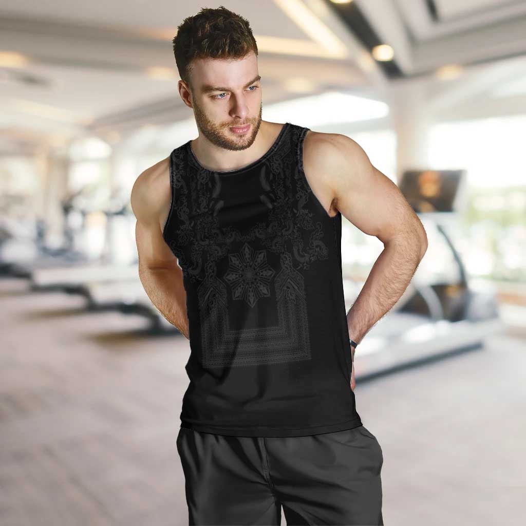 Philippines Barong Style Men Tank Top with Polynesian Art and Leaf Motif Black Color