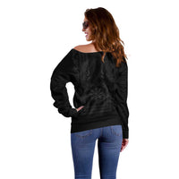 Philippines Barong Style Off Shoulder Sweater with Polynesian Art and Leaf Motif Black Color LT03 - Polynesian Pride