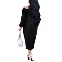 Philippines Barong Style Off The Shoulder Long Sleeve Dress with Polynesian Art and Leaf Motif Black Color LT03 - Polynesian Pride