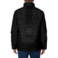 Philippines Barong Style Padded Jacket with Polynesian Art and Leaf Motif Black Color