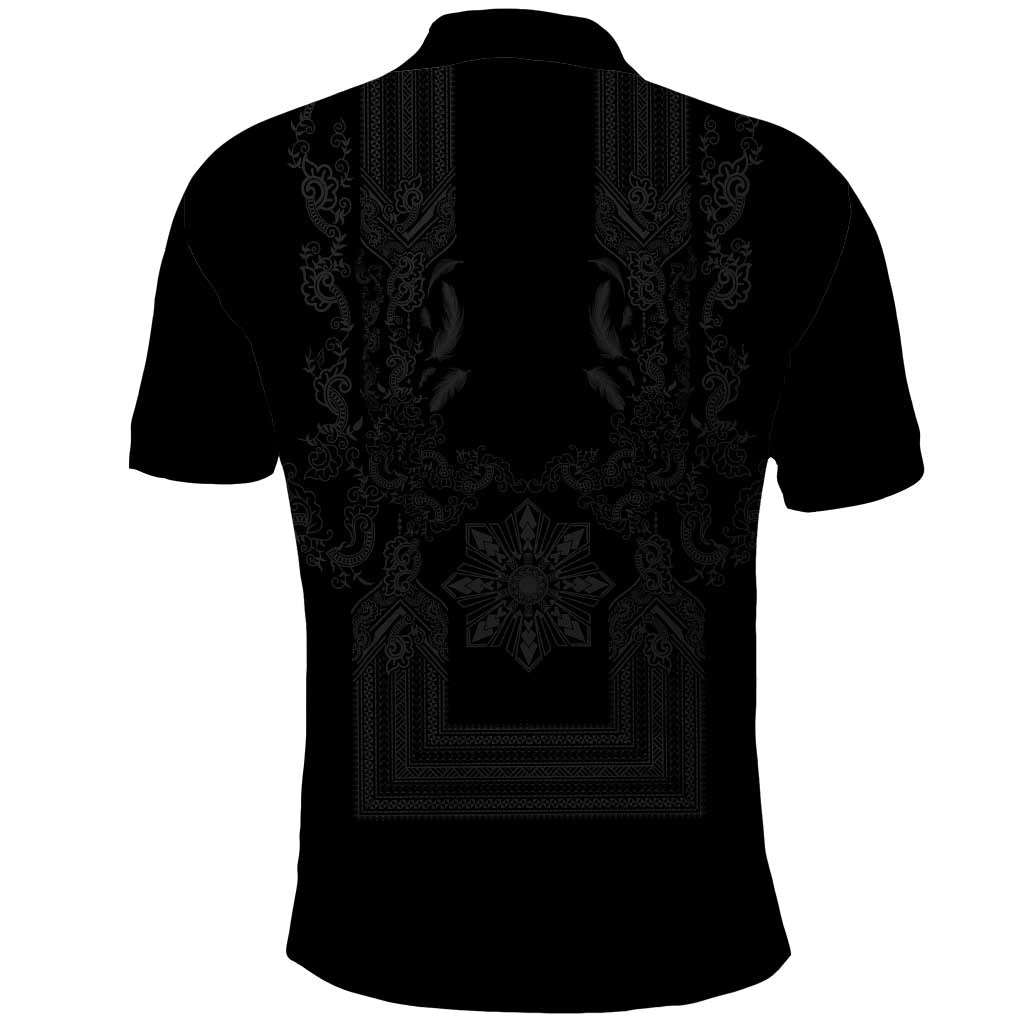Philippines Barong Style Polo Shirt with Polynesian Art and Leaf Motif Black Color