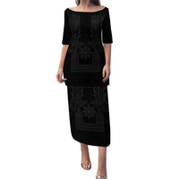 Philippines Barong Style Puletasi with Polynesian Art and Leaf Motif Black Color