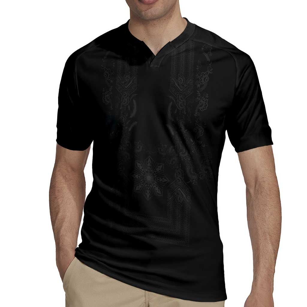 Philippines Barong Style Rugby Jersey with Polynesian Art and Leaf Motif Black Color