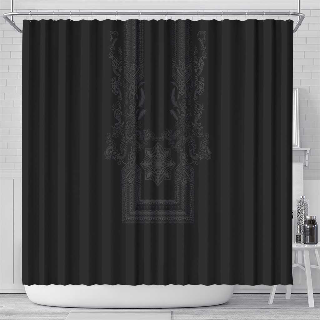 Philippines Barong Style Shower Curtain with Polynesian Art and Leaf Motif Black Color