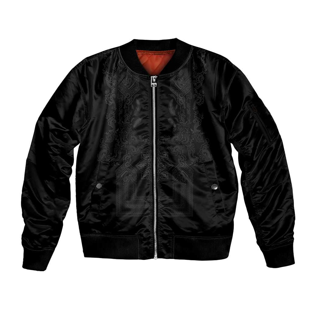 Philippines Barong Style Sleeve Zip Bomber Jacket with Polynesian Art and Leaf Motif Black Color LT03 Unisex Black - Polynesian Pride