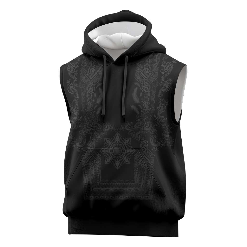 Philippines Barong Style Sleeveless Hoodie with Polynesian Art and Leaf Motif Black Color