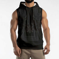 Philippines Barong Style Sleeveless Hoodie with Polynesian Art and Leaf Motif Black Color