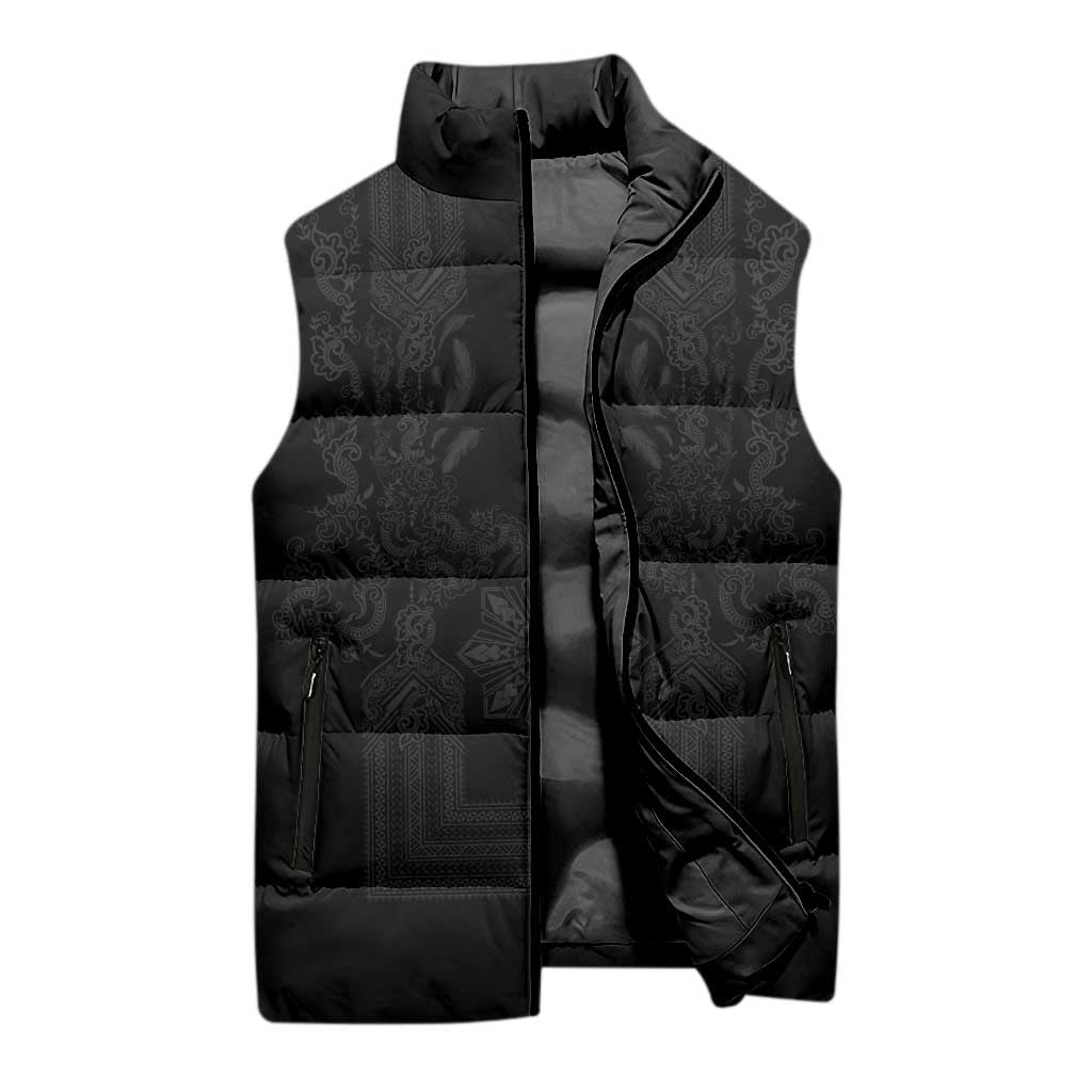 Philippines Barong Style Sleeveless Puffer Jacket with Polynesian Art and Leaf Motif Black Color
