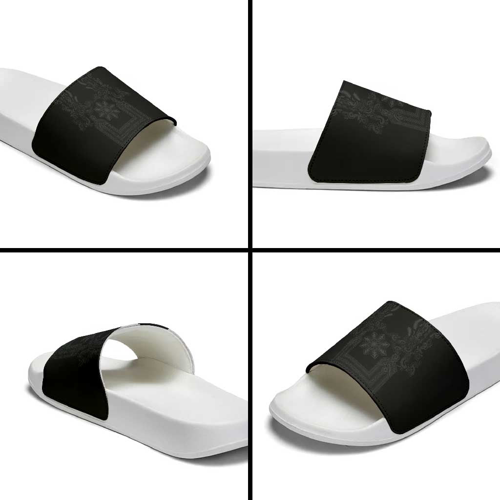 Philippines Barong Style Slide Sandals with Polynesian Art and Leaf Motif Black Color