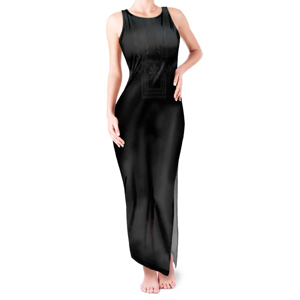Philippines Barong Style Tank Maxi Dress with Polynesian Art and Leaf Motif Black Color