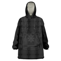 Philippines Barong Style Wearable Blanket Hoodie with Polynesian Art and Leaf Motif Black Color