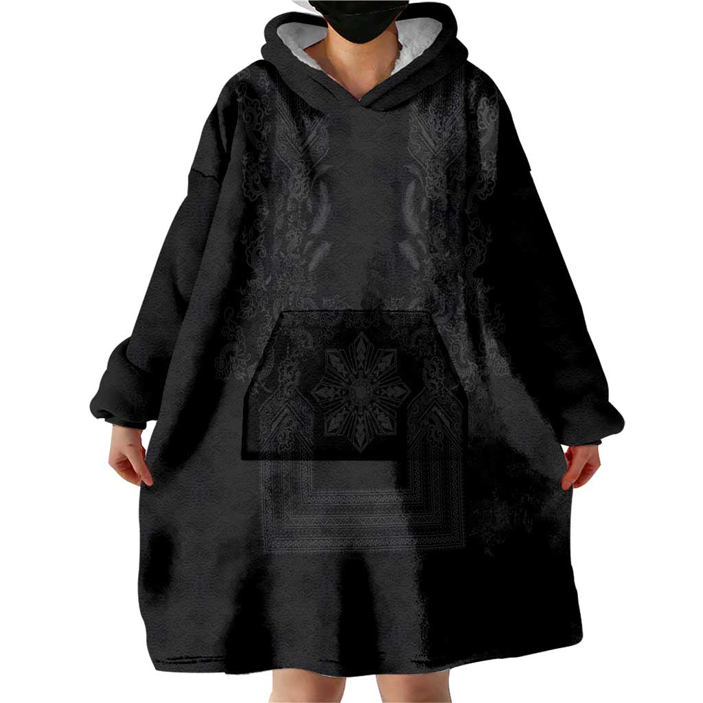 Philippines Barong Style Wearable Blanket Hoodie with Polynesian Art and Leaf Motif Black Color