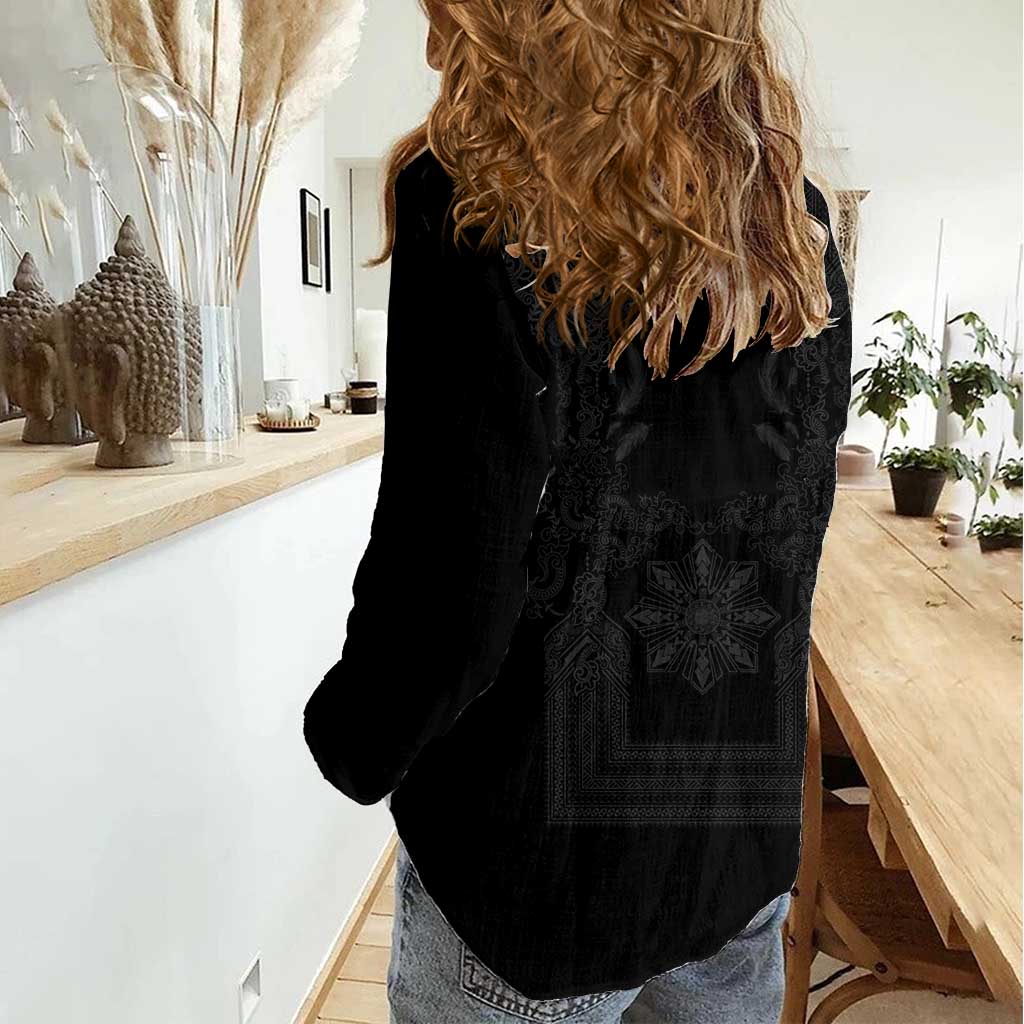 Philippines Barong Style Women Casual Shirt with Polynesian Art and Leaf Motif Black Color