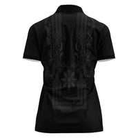 Philippines Barong Style Women Polo Shirt with Polynesian Art and Leaf Motif Black Color