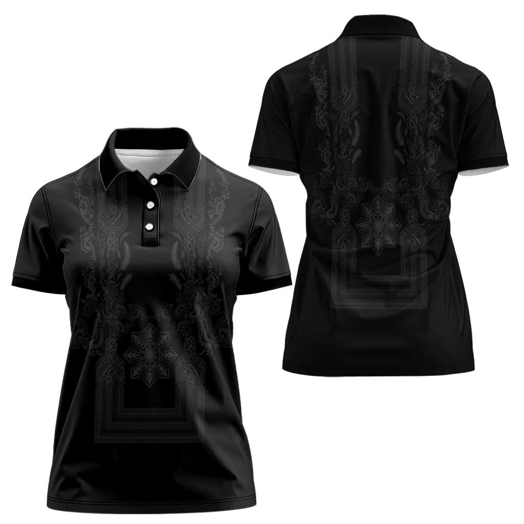 Philippines Barong Style Women Polo Shirt with Polynesian Art and Leaf Motif Black Color