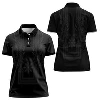 Philippines Barong Style Women Polo Shirt with Polynesian Art and Leaf Motif Black Color