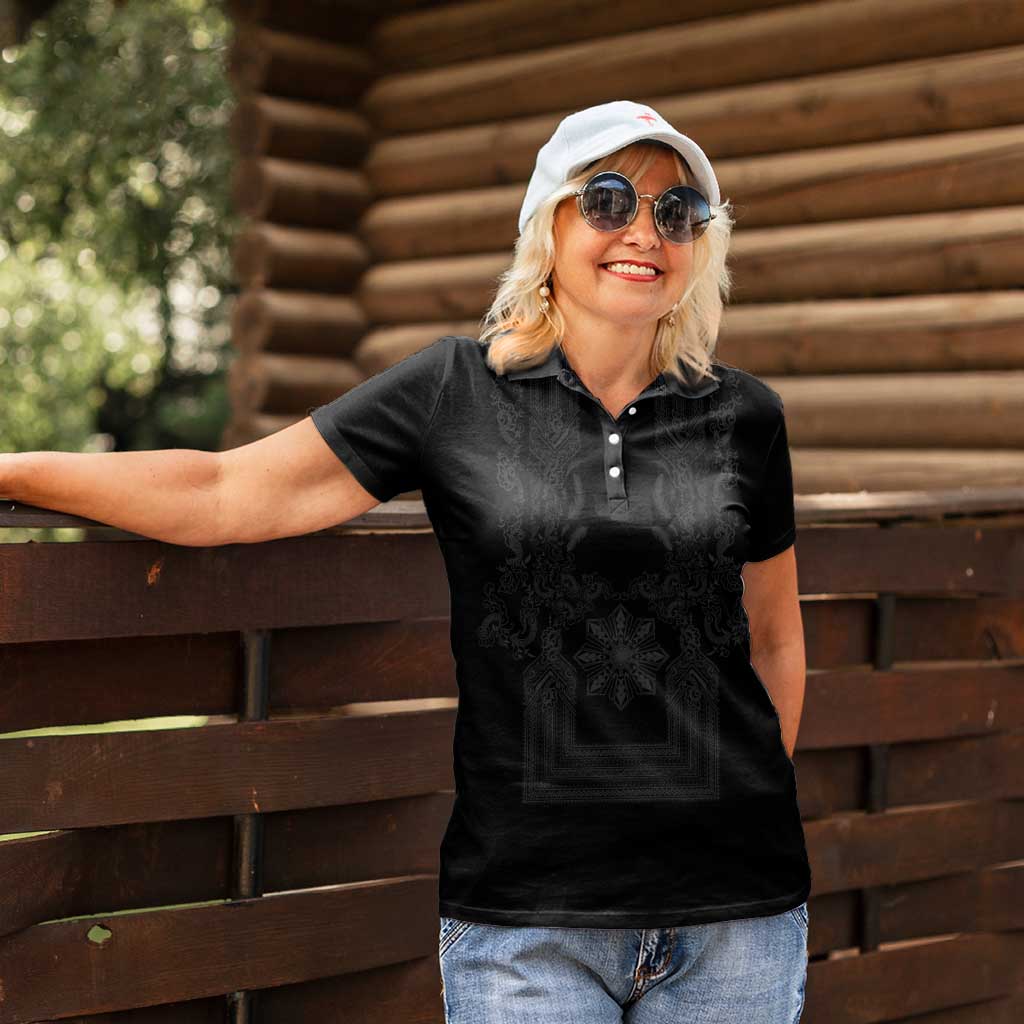 Philippines Barong Style Women Polo Shirt with Polynesian Art and Leaf Motif Black Color